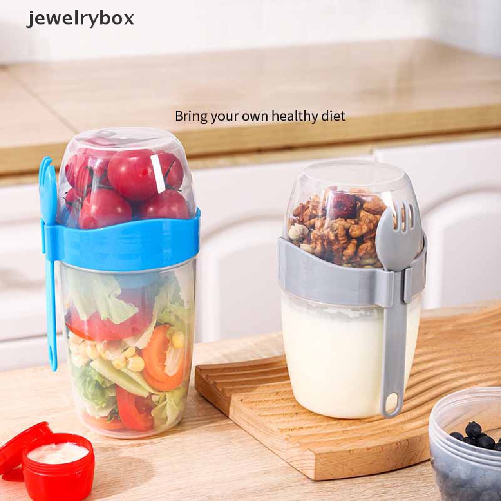 [jewelrybox] Dua Lapis Breakfast Oatmeal Cereal Nut Yogurt Salad Seal Cup Wadah Portabel Butik