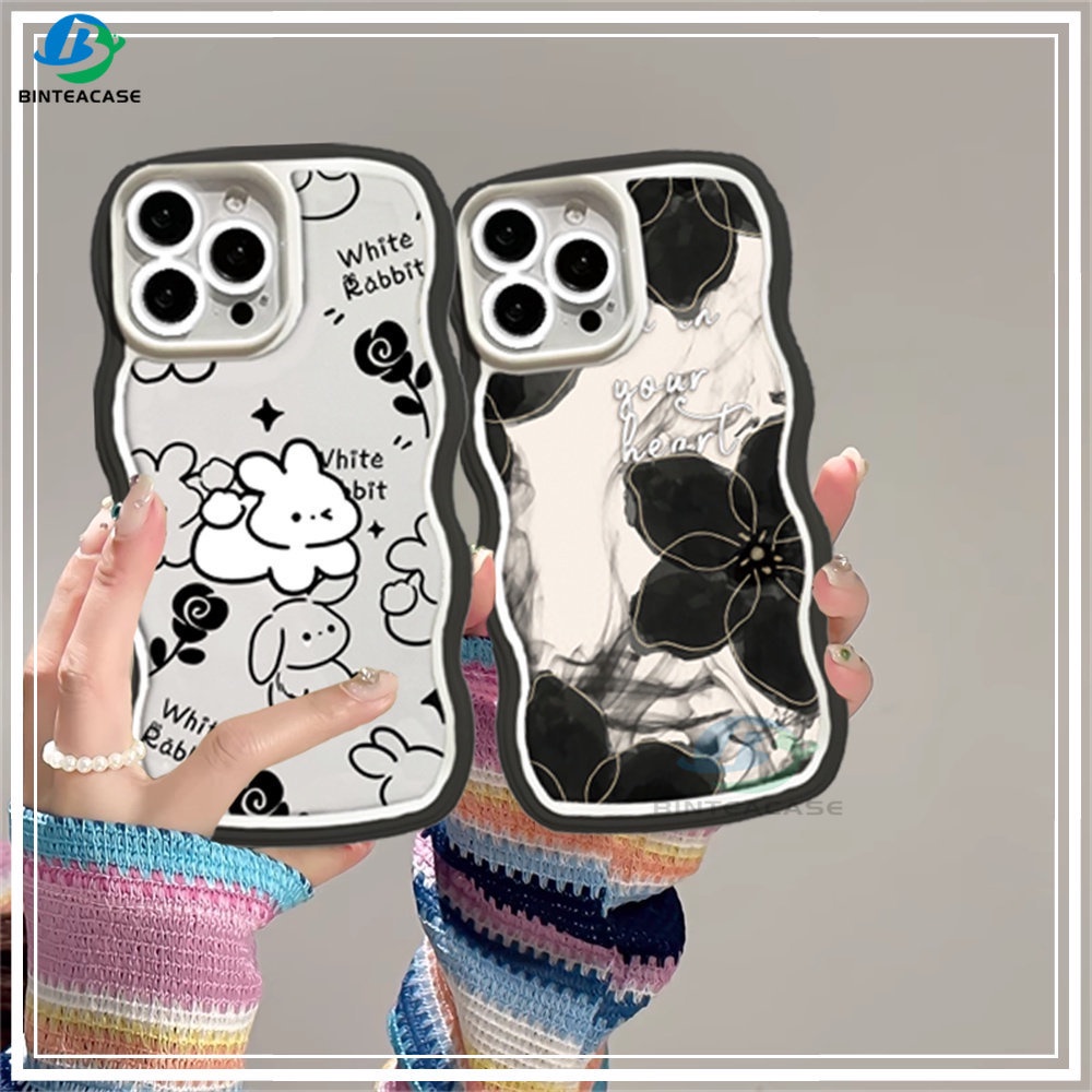 Redmi Note 11S 11 Pro Redmi 10 10C 10A 9A Note10 5G Note 10S 9C 9T Note9 Note8 Poco M3 Pro X3 Pro NFC Kelinci Dan Bunga Hitam Tepi Melengkung TPU Phone Case Binteacase