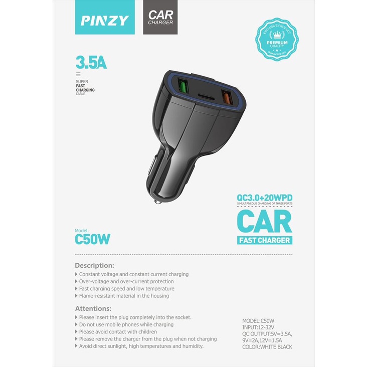 PINZY C50W CAR Charger 2 USB QC3.0+PD 20W Fast Charging kabel data Lightning Type C Micro USB saver adaptor Mobil batok cas HP original