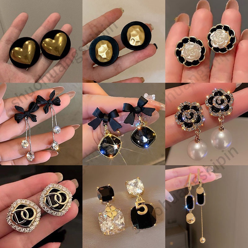 Jepang Korea Elegan Busur Hitam Temperamen Mode Berlian Imitasi Anting Mutiara