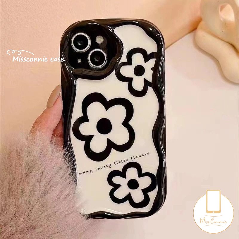 IPHONE Casing 3D Wavy Curved Edge Glossy Kompatibel Untuk Iphone11 Pro Max 7Plus XR 6s 8 6 7 Plus 14 13 12 Pro Max X XS Max SE 2020 Simple Tiga Bunga Putih Airbag Lembut Shockproof Cover