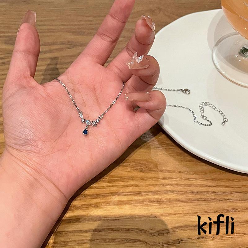 [KD] Blue Zircon Water Drop Kalung Wanita Ringan Mewah Manis Keren Temperamen Rasa Canggih