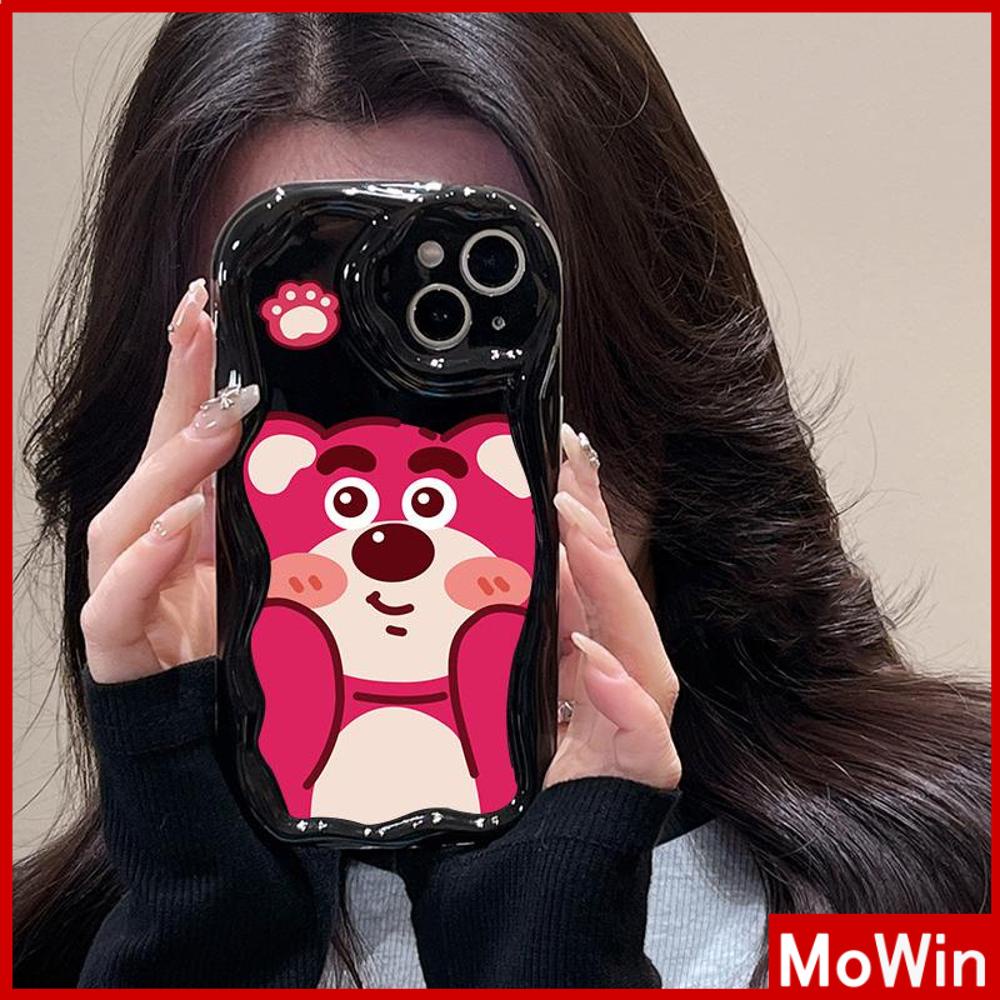 For iPhone 14 Pro Max iPhone Case 3D Curved Edge Wave Glossy Black TPU Airbag Shockproof Camera Cover Strawberry And Bear Compatible with iPhone 13 Pro max 12 Pro Max 11 xr xs max