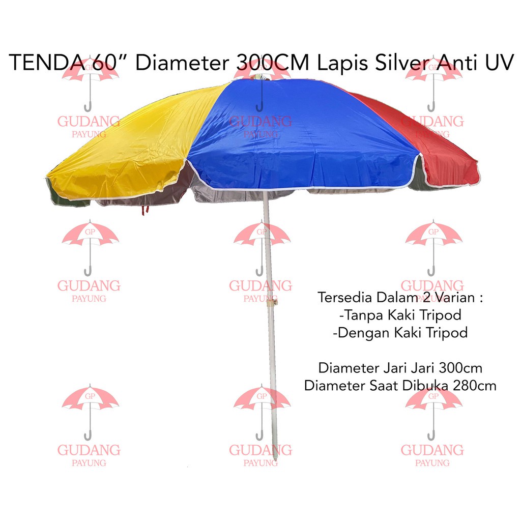 Payung Tenda Pantai Jualan 60 inch Diameter 300 cm ANTI UV DALAM LAPIS SILVER