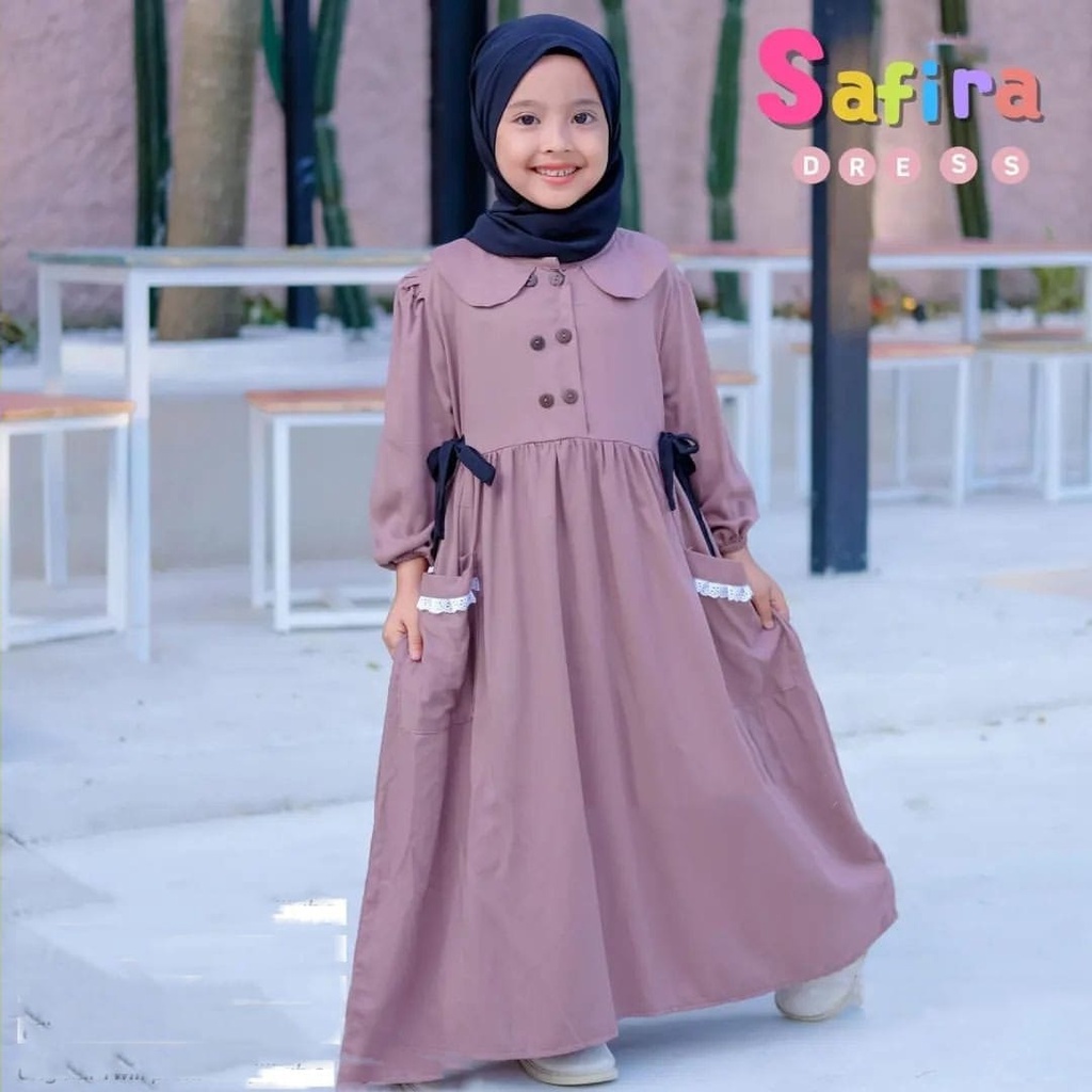 GAMIS STORE - Safira Dress Kids Size 5 - 6 Tahun L XL Besar Matt Cringkle Polos Basic l Gamis Muslim Anak Perempuan Premium