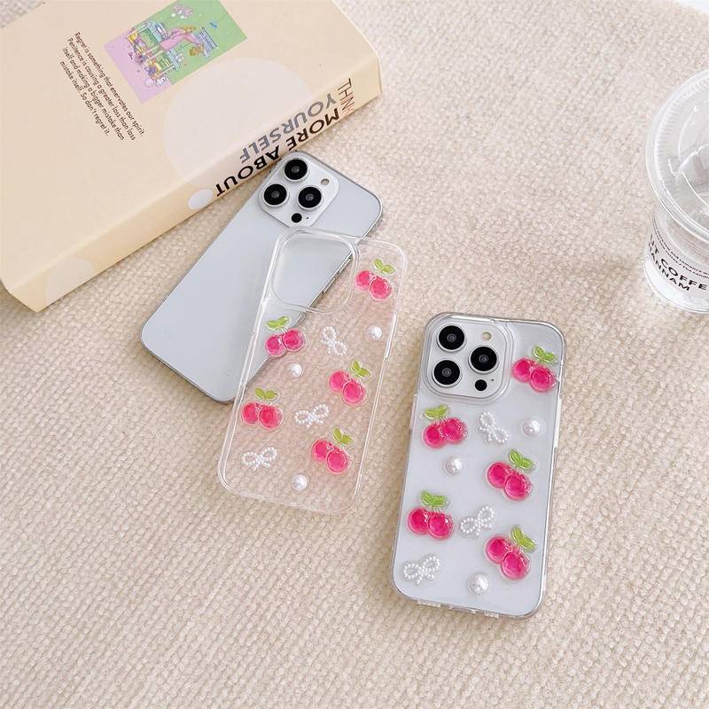 Cute Drop Glue Acrylic Full Screen Cherry Casing Transparan Untuk Iphone14 13 12 11 Pro MAX Plus Mini Shockproof Clear Cover Untuk iPhone X XS MAX XR 7 8 Plus SE 2022 2020