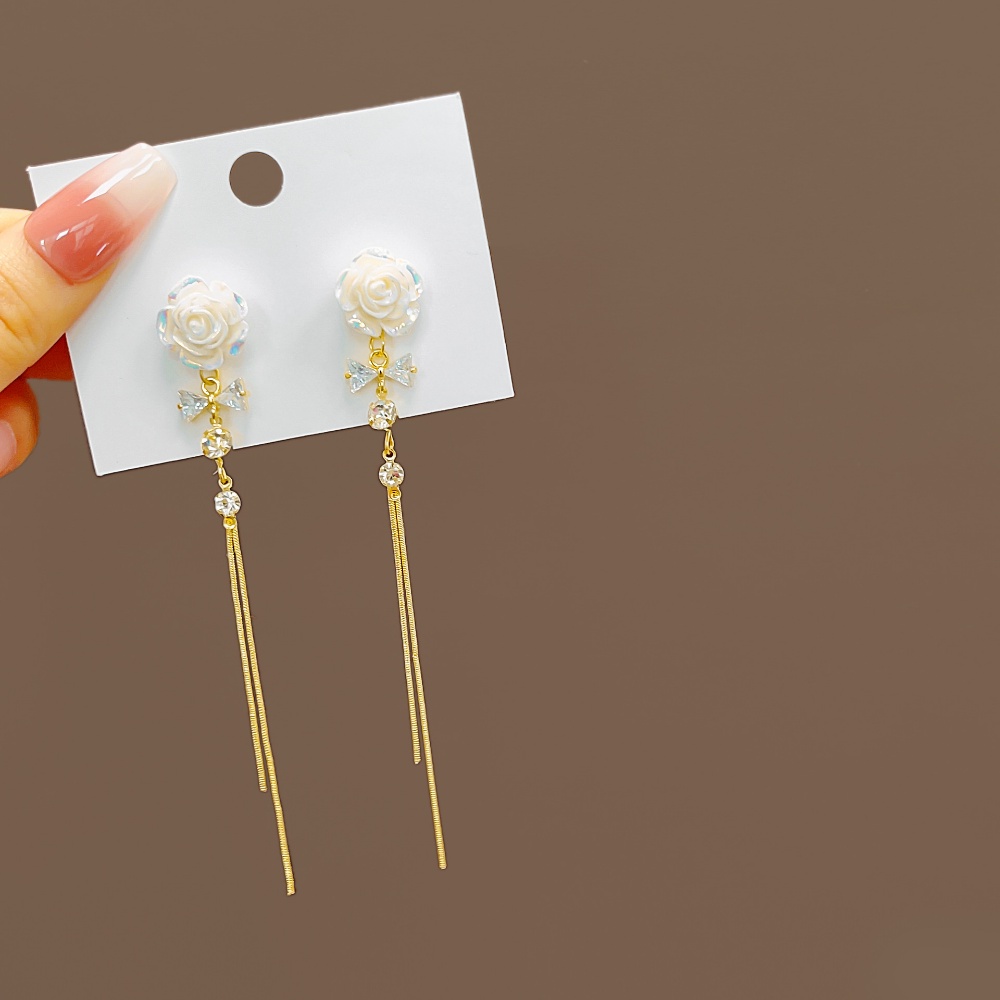 Deartiara Anting Gaya Panjang Rumbai Bunga Mawar Putih Dengan Desain Elegan Korea Dan Anting High Sense