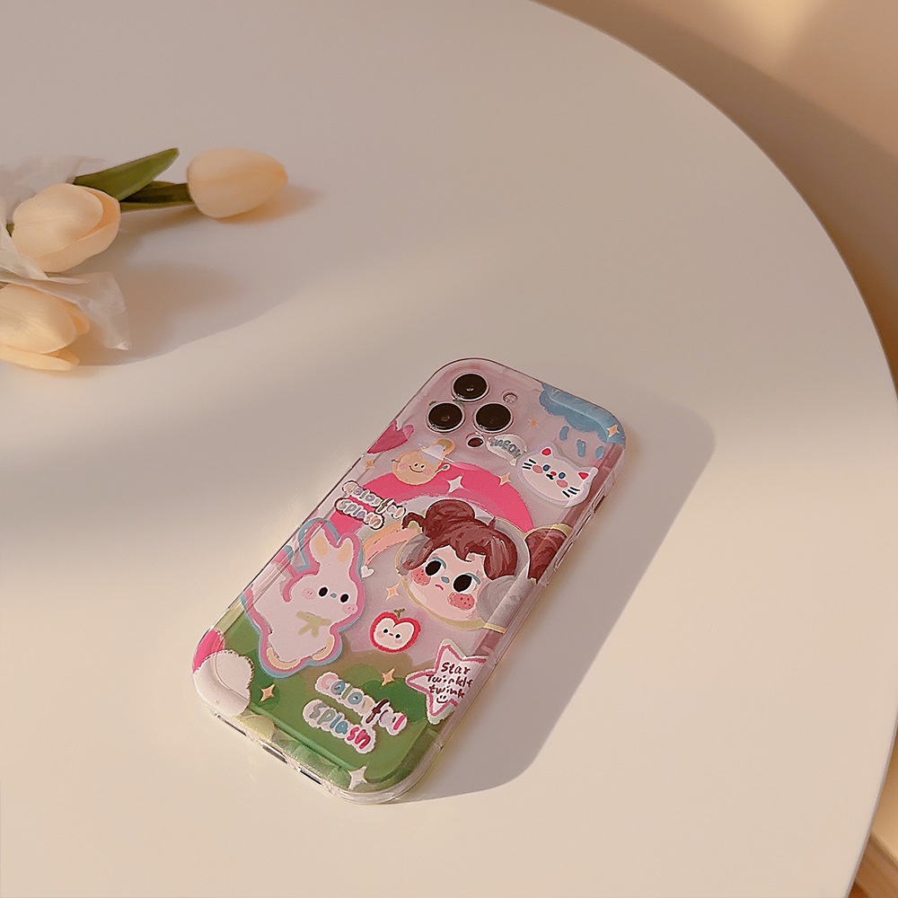 IPHONE Ins Lucu Headphone Rainbow Girl Kartun Silikon Case Untuk Iphone14 11 12 13 PRO MAX Casing Cover Pelindung AT0161