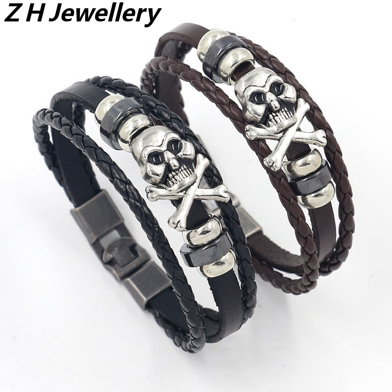 [Z H Perhiasan] Vintage Rock Skull Gelang Kulit Asli Fashion Pria Dan Wanita Anti Karat Multilayer Manik-Manik PU Gelang Punk Pesta Perhiasan Aksesoris