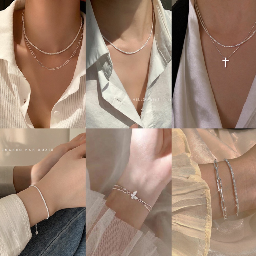 Ifyou Elegan Y2K Perak Kristal Kupu-Kupu Pasangan Gelang Fashion Hati Choker Kalung Untuk Wanita Perhiasan Aksesoris