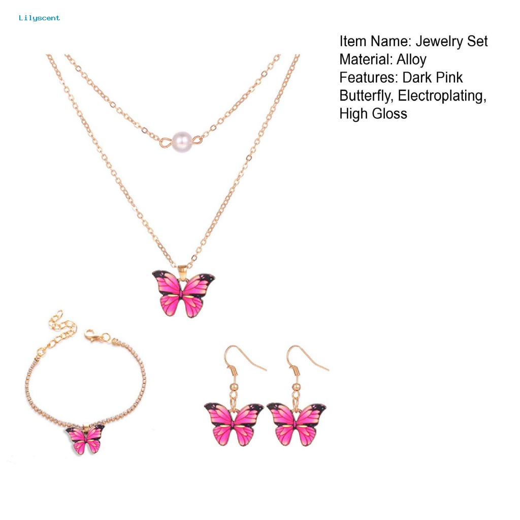 Lilyscent 3 Pcs/Set Mudah Cocok Kupu-Kupu Set Perhiasan Wanita Aksesori Kalung Menjuntai Anting Gelang Set High Gloss