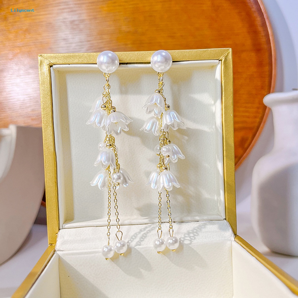 Lilyscent 1pasang Burrs-free Tassel Earrings Untuk Pacaran Lady Elegan Rantai Panjang Rumbai Anting Bunga Liontin