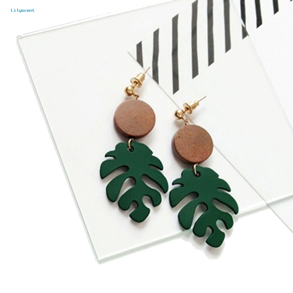 Lilyscent Bohemian Kayu Monstera Daun Menjuntai Wanita Stud Earrings/Klip Telinga Perhiasan Hadiah