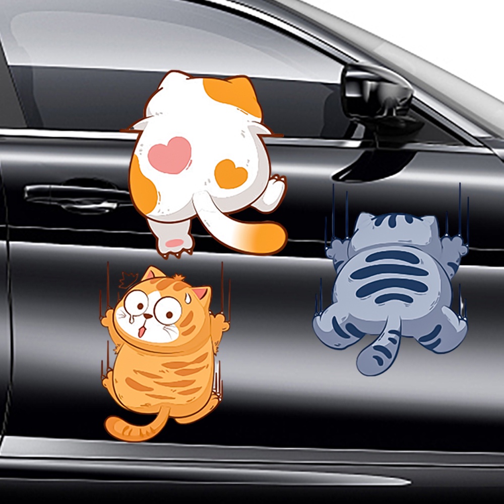 [Unggulan] 3pcs/lembar Mobil Truk Sepeda Motor Helm Dekorasi Aksesoris Tiga Kucing Gores Mobil Body Decor Decals Hewan Styling Stiker Lucu Hewan Peliharaan Kucing Panjat Stiker Mobil