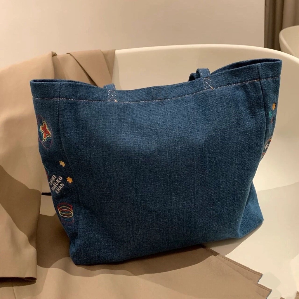 ☍Sera Dark Blue Galaxy Tote Bag 2022 Baru Kanvas Tas Wanita Kapasitas Besar Denim Tas Bahu Kecil Maruko Messenger Bag