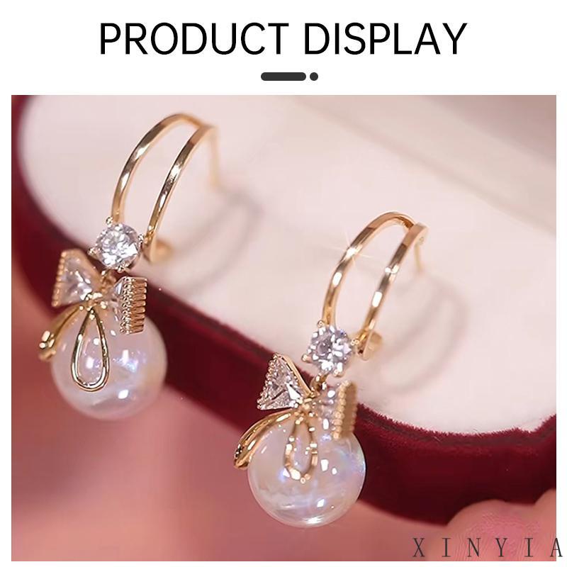 【Bayar di tempat】Chink Bow Pearl Earrings Anting Mutiara Perempuan Dasi Kupu Sederhana Bentuk