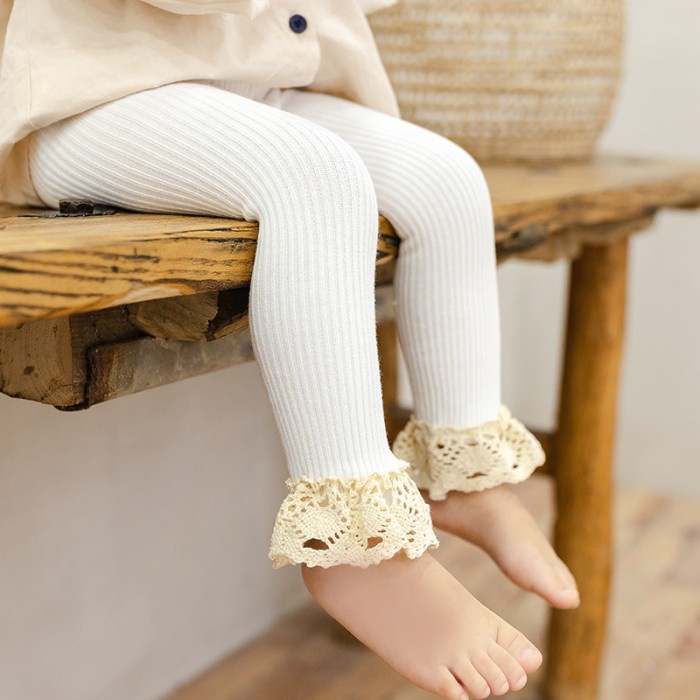 Legging Anak Legging Bayi Perempuan Rajut Kain Motif Kupu-Kupu Pearl Lejing Renda Putih Import Panja