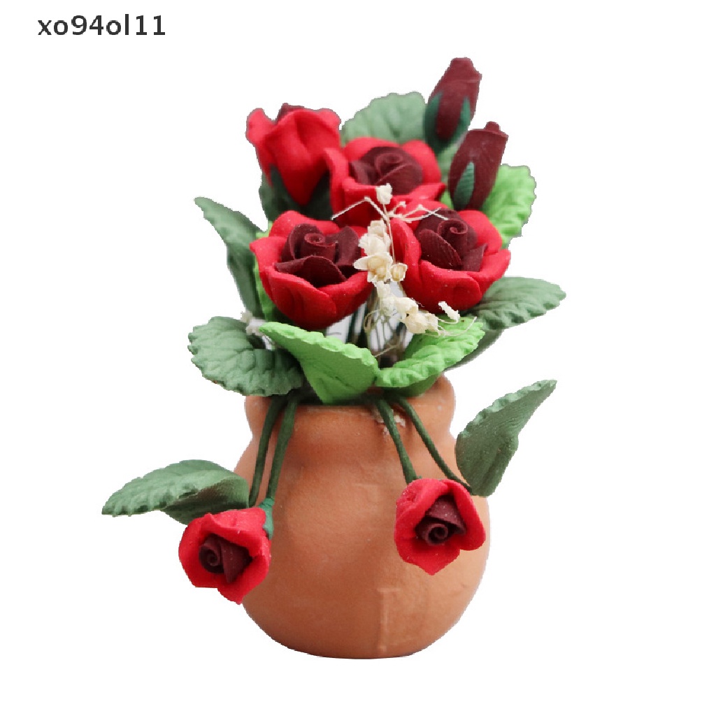 Xo 1: 12rumah Boneka Miniatur Mawar Bunga Flowers Pot Model Taman Dekorasi Mainan Aksesoris Rumah Boneka OL