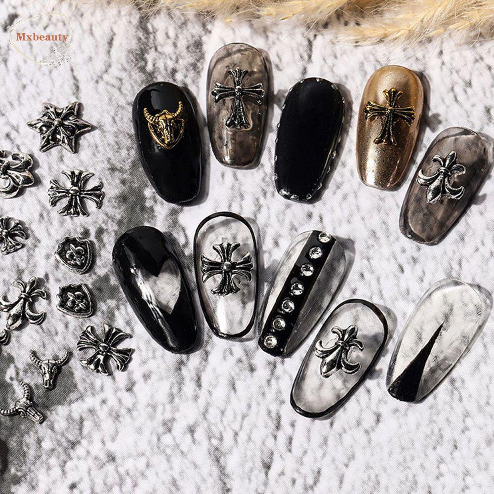 MXBEAUTY 50pcs Punk Nail Charms Alloy Metal Nail Art Decorations 3D Nail Art Jewelry Rock Style Gold Silver DIY Crowe Heart Rivets Nail Retro Manicure Accessories/Multicolor