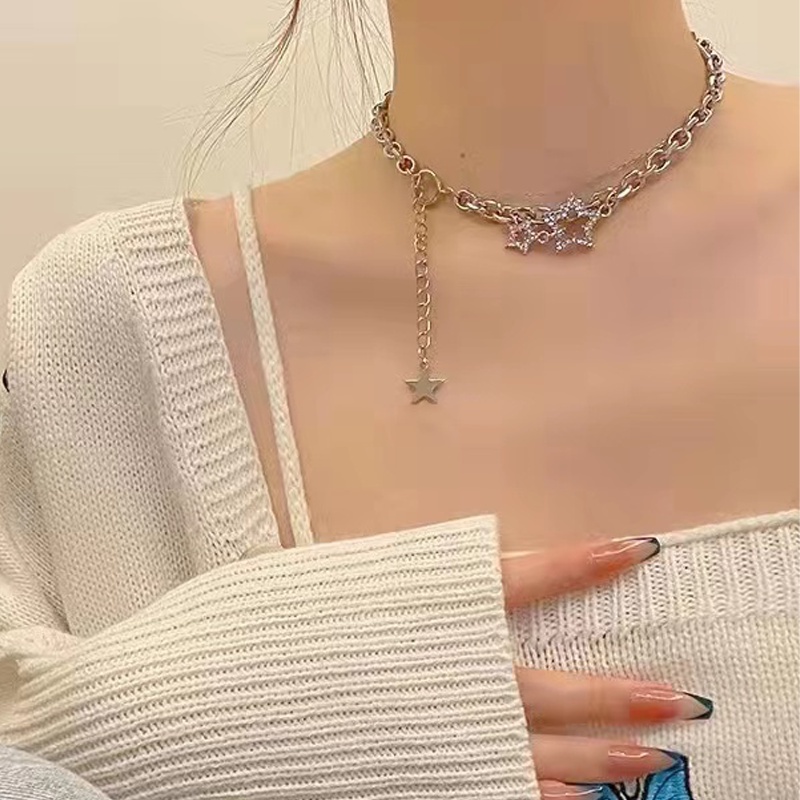 Y2k Kalung Bintang Kristal Silver Rumbai Klavikula Rantai Choker Untuk Aksesoris Perhiasan Wanita