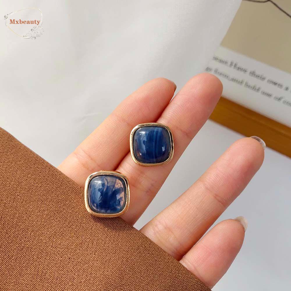 Mxbeauty Anting Wanita Fashion Gadis Manis Hadiah Perhiasan Telinga Biru Bahan Alloy Bentuk Persegi