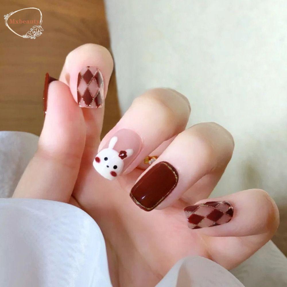 Mxbeauty Kuku Palsu Dilepas Dengan Lem Jelly Tempelan Kuku Kelinci Elegent Wearable Press On Nail Tips Penutup Penuh Nail Art Tips