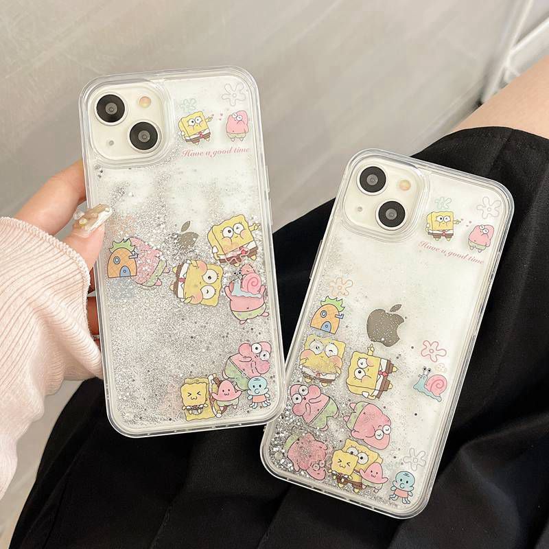 Cute Quicksand Spongebob &amp; Patrick Star Girl Woman Soft TPU Case HP iP iPhone 12 13 14 Pro Max 11 FTD Casing Apple