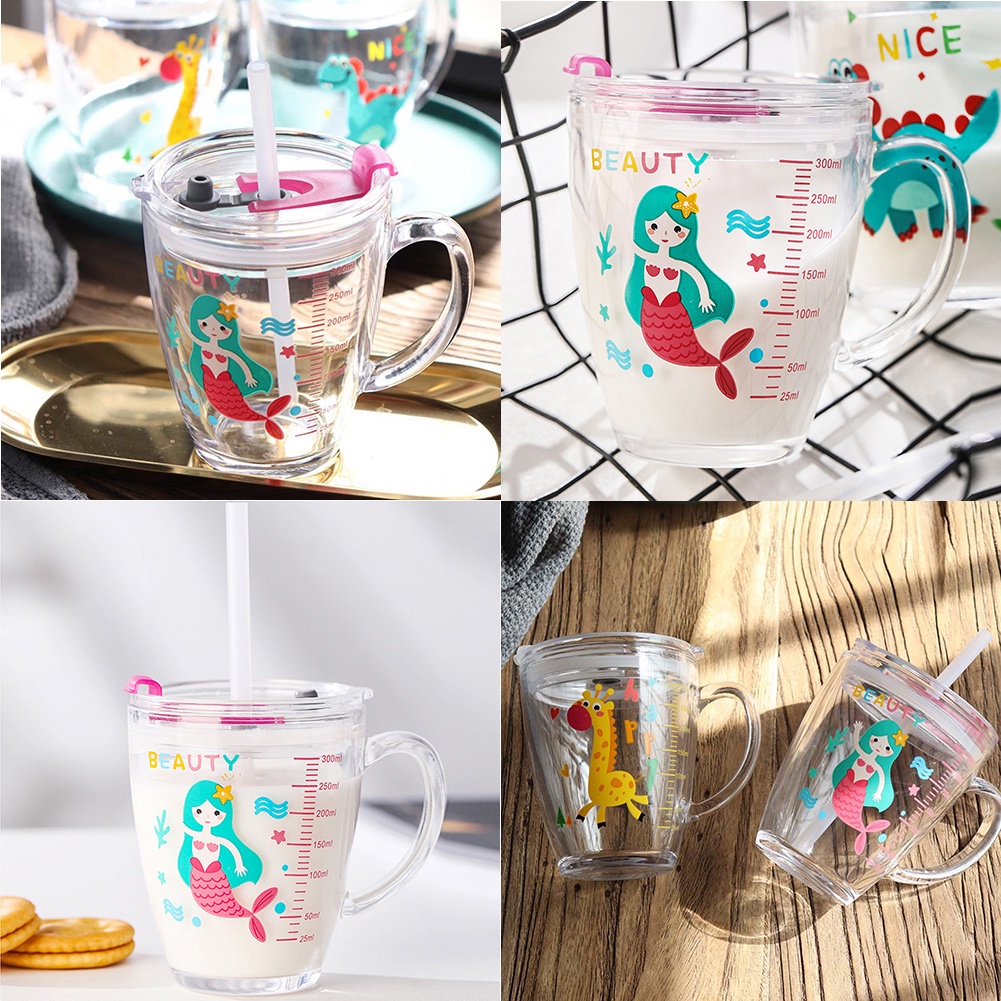 Mug Peralatan Minum 300ml Motif Hewan Lucu Transparan Jus Gelas Kopi Susu Dengan Pegangan Dan Tutup