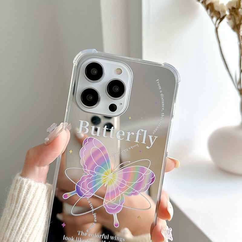 [Anti Jatuh Cermin] Pretty Silver Makeup Silikon Soft Case IPhone 6S 7 8 Plus X XR XS Max IPhone 11 12 13 14 Pro Max 14 Plus7+8 +12 13 mini Untuk Wanita Gadis Kupu-Kupu Warna-Warni