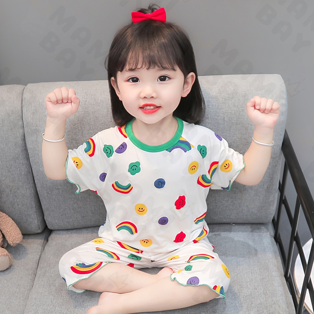 Mamibayi Piyama Anak Perempuan Bahan Sutra Es Baju Tidur Anak Motif Lucu Piyama Anak Lengan Pendek Set untuk 1-4tahun