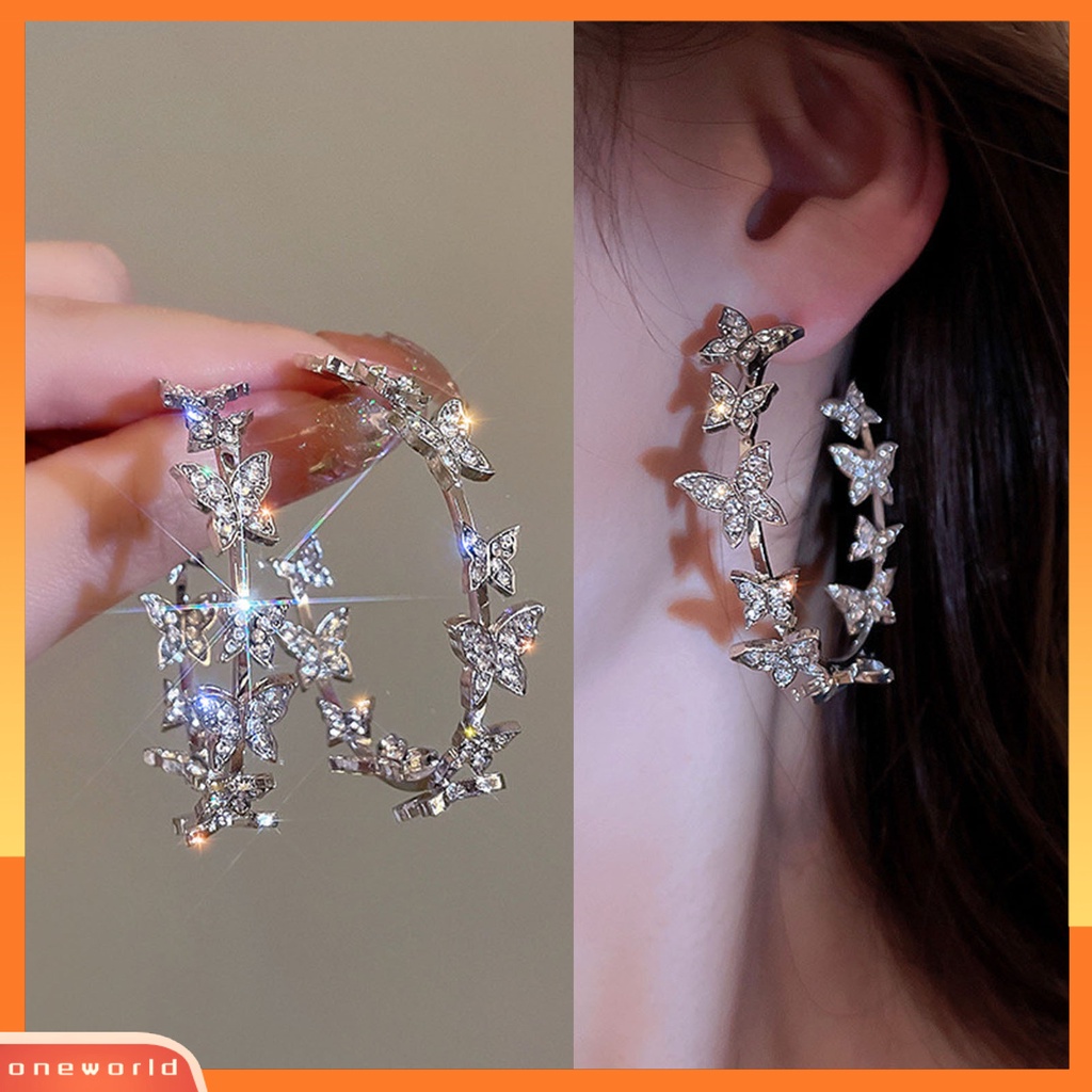 [ONE] 1pasang Liontin Anting Bulat Lingkaran Geometris Kupu-Kupu Dekorasi Berlian Imitasi Mengkilap Huggie Hoop Earrings Perhiasan Aksesoris