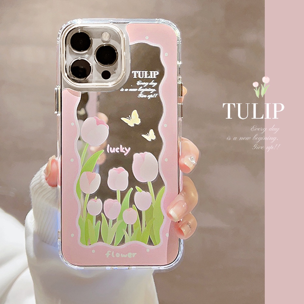 IPHONE Ins Pink Tulip Make Up Mirror Transparan Case Untuk Iphone14 11 12 13 PRO MAX Casing Cover Pelindung AT0215