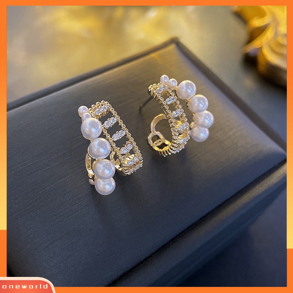 [EONE] 1pasang Anting Pejantan Hias Mutiara Imitasi Gaya Vintage Perancis Pengerjaan Halus Berdandan Elegan Cubic Zirconia Split Hoop Earrings Perhiasan Aksesori