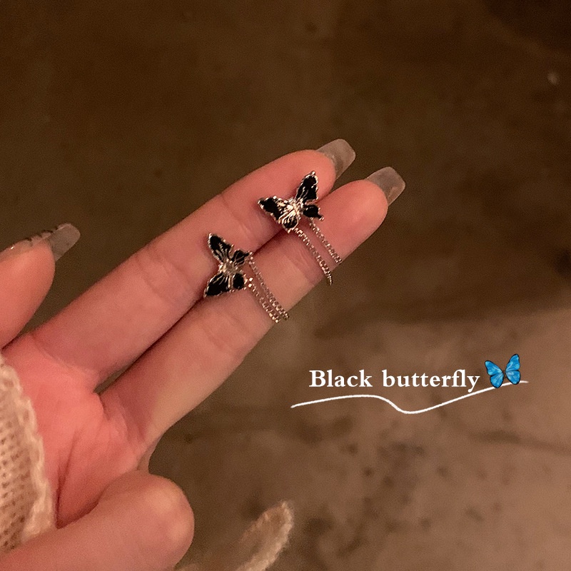 Ins Hitam Kupu-Kupu Rumbai Anting Gadis Keren Vintage Unik Studs Earring Perhiasan Aksesoris