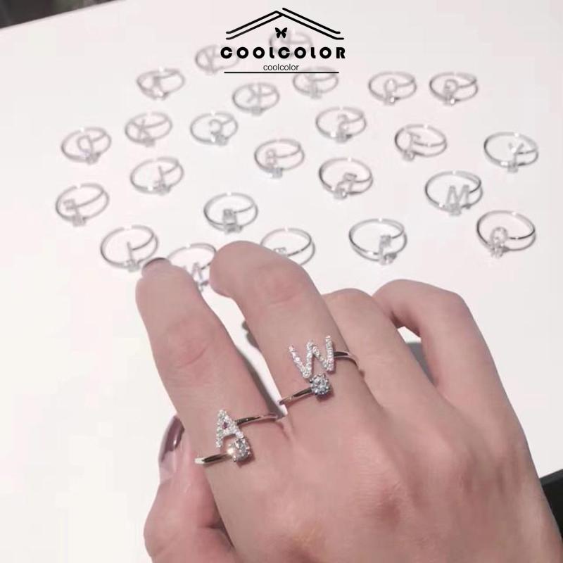 COD❤️Cincin Model Terbuka Desain 26 Huruf Bahan Alloy Aksen Berlian Imitasi Untuk Wanita- cl