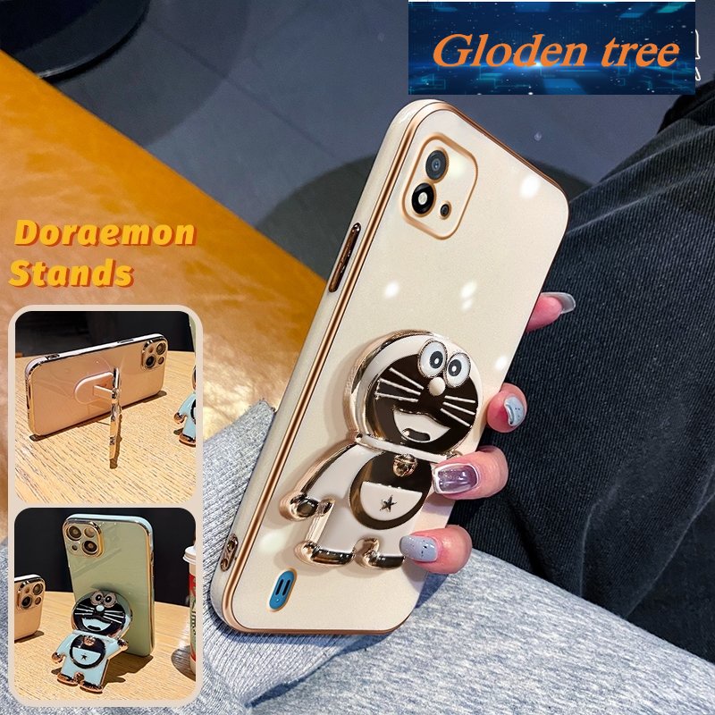 Gloden tree Casing Untuk Realme C20 C20A Narzo 50i C11 2021 Case Fashion Kartun Doraemon Lipat Stand Phone Case Electroplating Shockproof Phone Holder Case