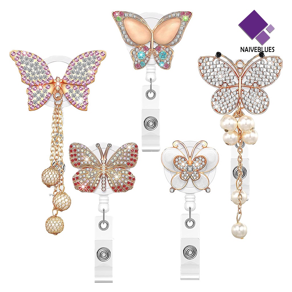 &lt; Naiveblues &gt; ID Badge Holder Dengan Klip Heavy Duty Fancy Rhinestone Butterflies Holder Reel Fashion