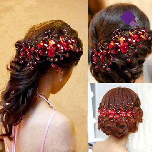 &lt; Naiveblues &gt; Wanita Bunga Merah Pernikahan Pengantin Pesta Accessary Hair Pin Clip