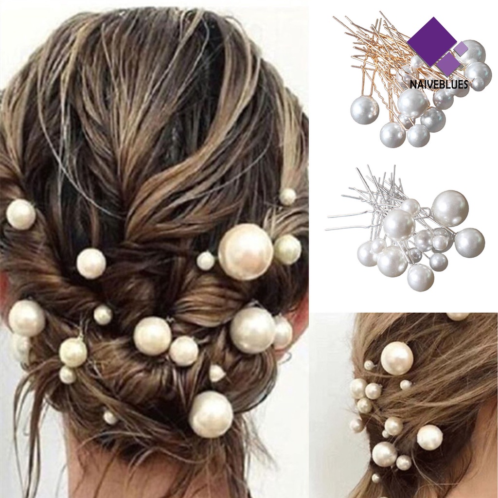 &lt; Naiveblues &gt; 18Pcs/Set Non-Slip Elegan Rambut Stik Besi Berbentuk U Mutiara Rambut Sanggul Aksesoris Rambut