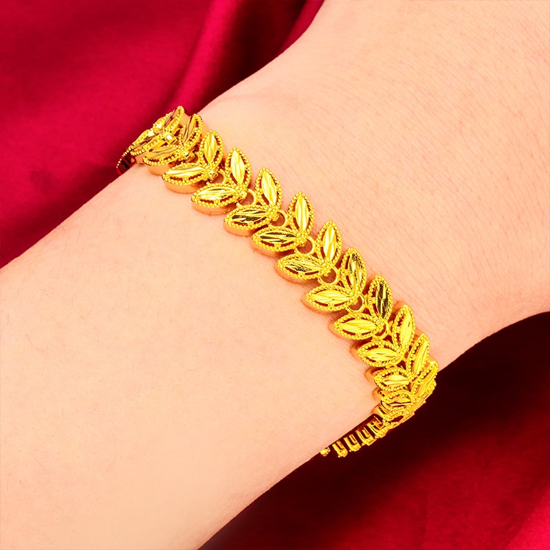 Goldkingdom Perhiasan Fashion 24K Bangkok Aksesoris Ready Stock Wanita Bertepi Lebar 12mm Gelang Daun Telinga Gelang Berlapis Emas Mendominasi