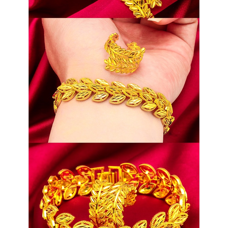 Goldkingdom Perhiasan Fashion 24K Bangkok Aksesoris Ready Stock Gandum Telinga Daun Bertepi Lebar Wanita Daun Cincin Gelang Set