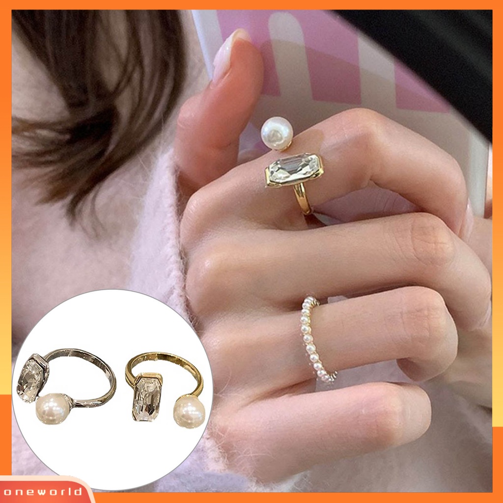[EONE] Cincin Jari Telunjuk Tidak Luntur Elektroplating Adjustable Geometris Cubic Zirconia Dekorasi Hypoallergenic Trendi Mutiara Imitasi Terbuka Cincin Pacaran Memakai