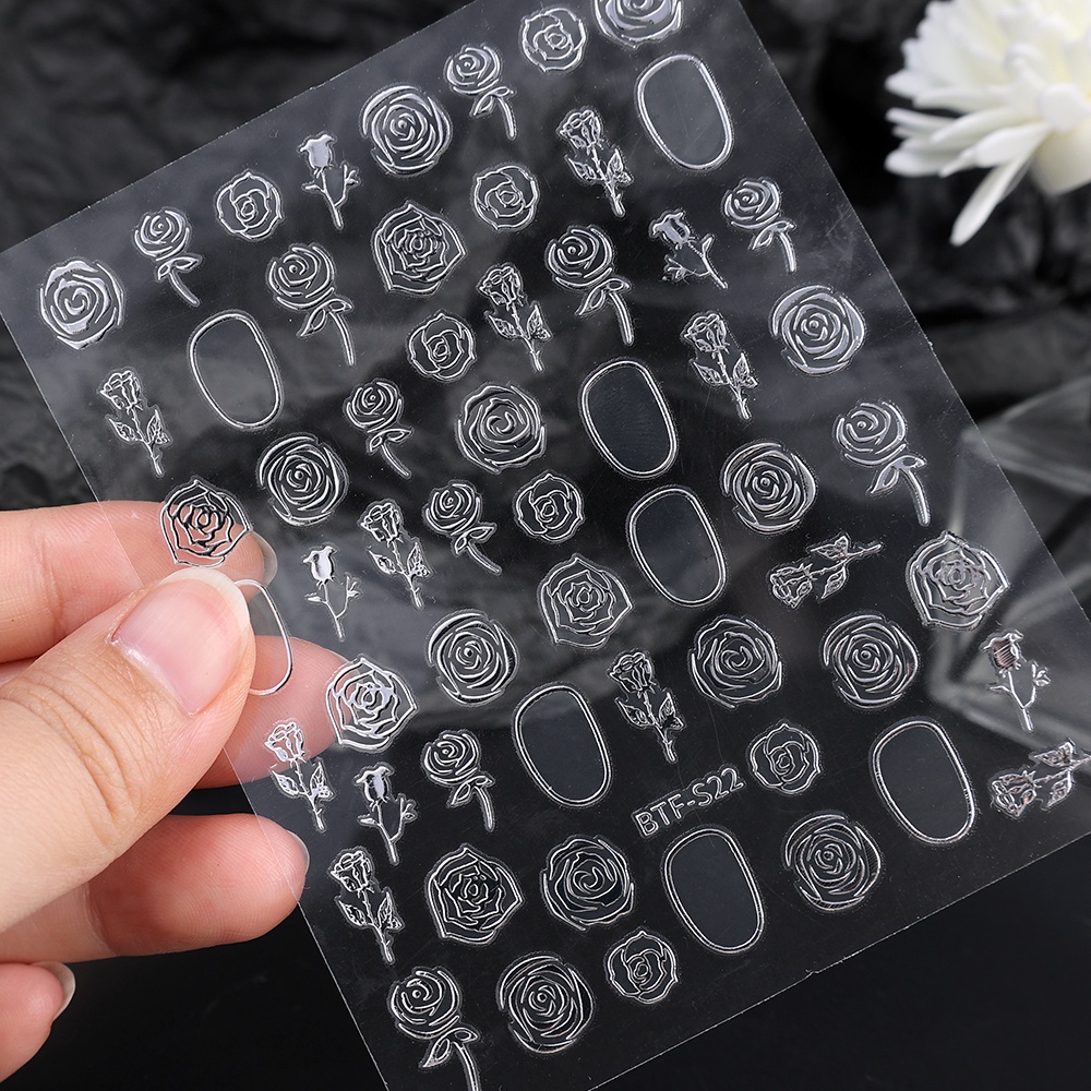 [Unggulan] 1pc 3D Self-Adhesive Bronzing Bunga Kuku Decals Pure Desire Wind Retro Rose Nail Stiker Emas Perak Manicure Decor DIY Nail Art Nail Tools Untuk Wanita