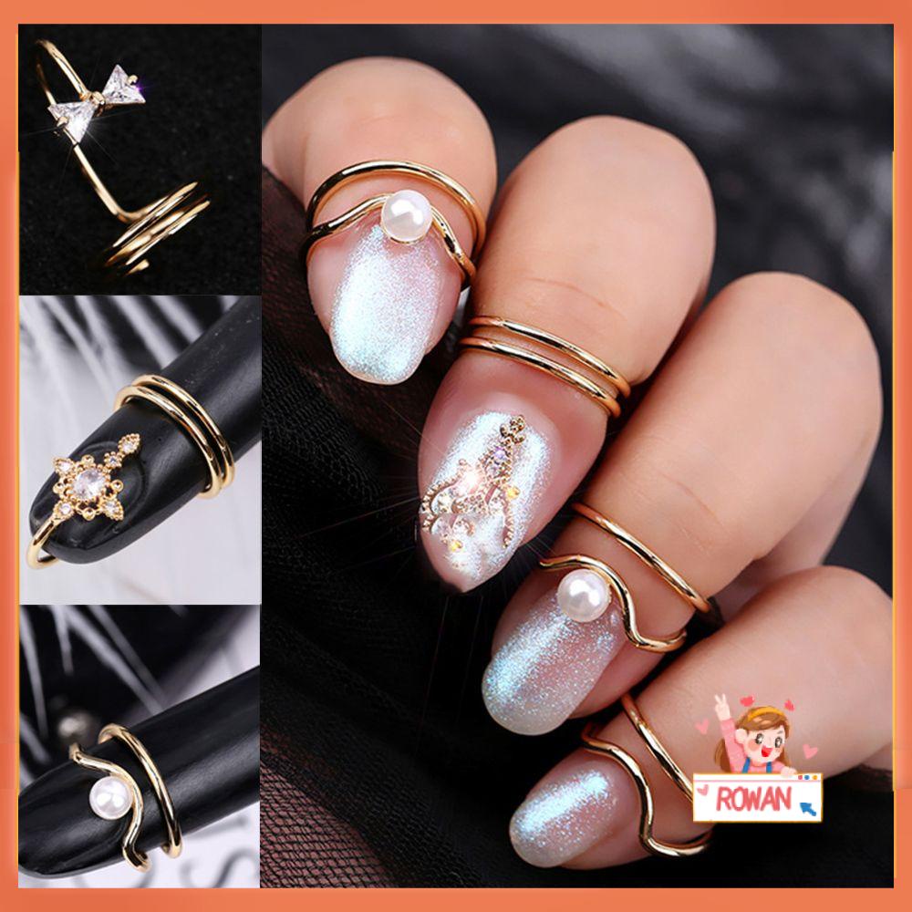 R-flower Nail Ring Charm Aksesoris Fashion Warna Perak Berlian Imitasi Pelindung Kuku