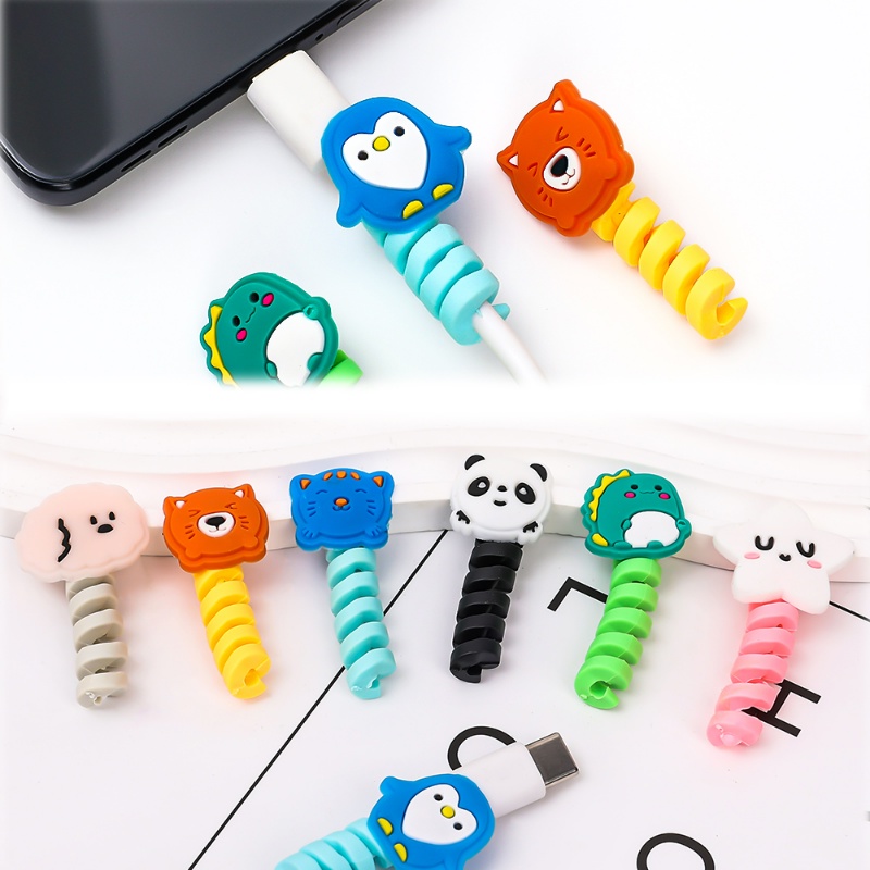 Kartun Spiral Kabel USB Pelindung Anti Putus/Handphone Charging Cable Sleeve Silicone Bobbin Winder Clip Cord Management