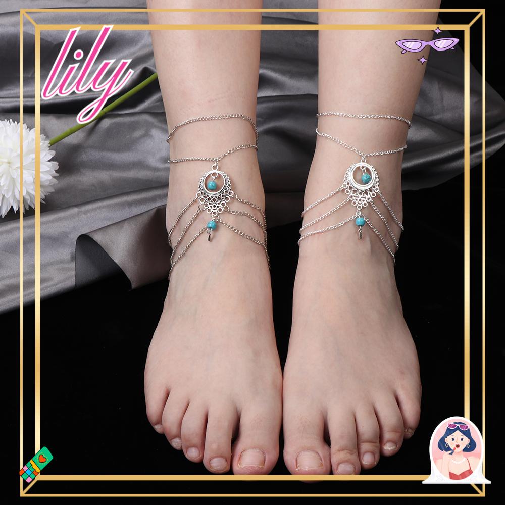 Lily Gelang Kaki Perhiasan Aksesoris Fashion Gaya Pantai Rantai Tipis Aksesoris Etnik Drop Rantai Multi-Lapis Memakai Liontin Pirus Perak Kaki