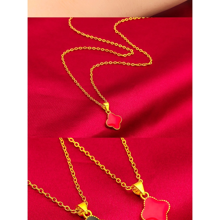 Goldkingdom Aksesoris Perhiasan Fashion Ready Stock Wanita Merah Hitam Tetes Minyak Semanggi Liontin Kalung