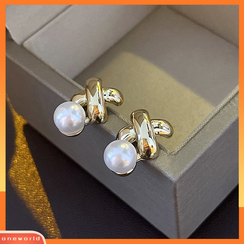[EONE] 1pasang Ear Studs Electroplating Golden Cross X Shape Geometris Elegan Mini High Gloss Mutiara Imitasi Wanita Anting Fashion Perhiasan