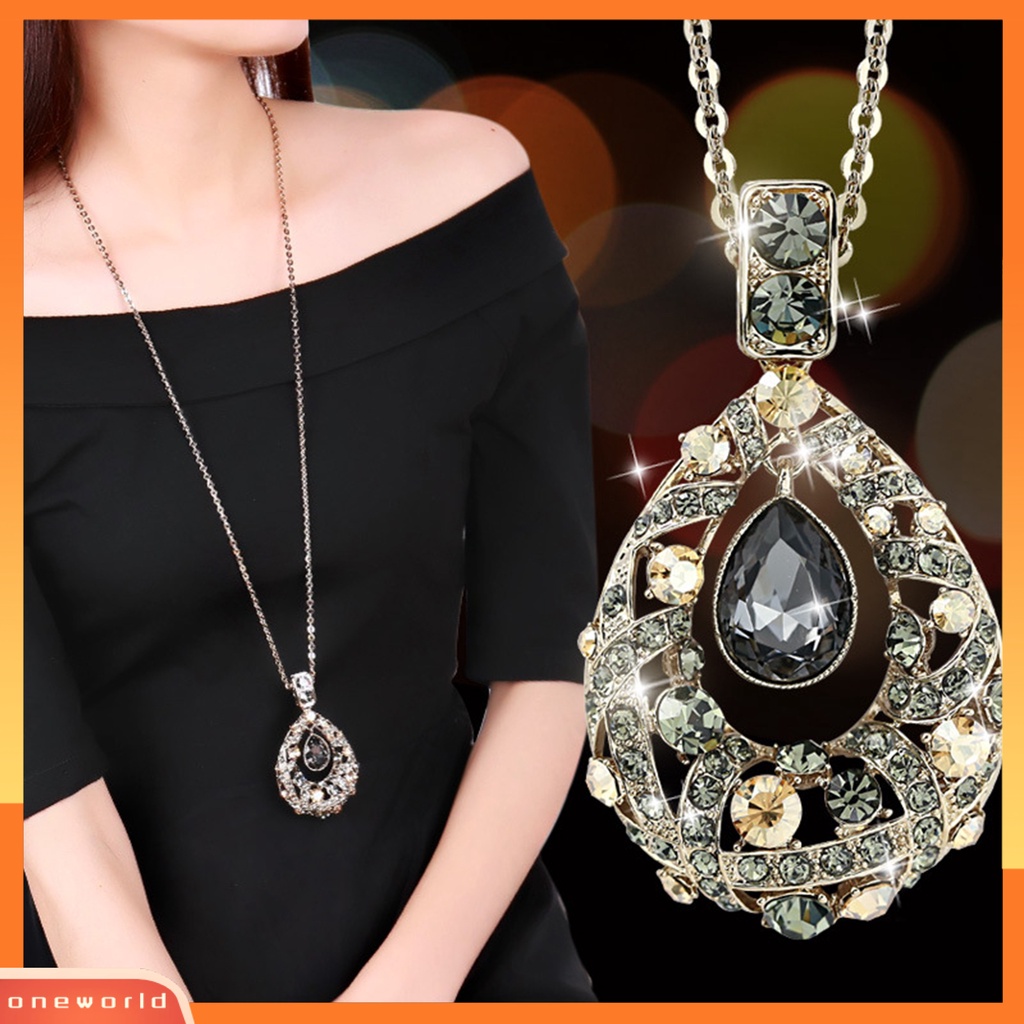 [EONE] Rantai Klavikula Bersinar Geometris Tetesan Air Berlian Imitasi Sweater Panjang Kalung Aksesoris Fashion