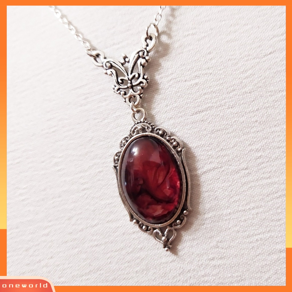 [EONE] Liontin Kalung Elegan Oval Desain Vintage Indah Merah Kuarsa Pesona Kalung Kupu-Kupu Kalung Pakaian Sehari-Hari